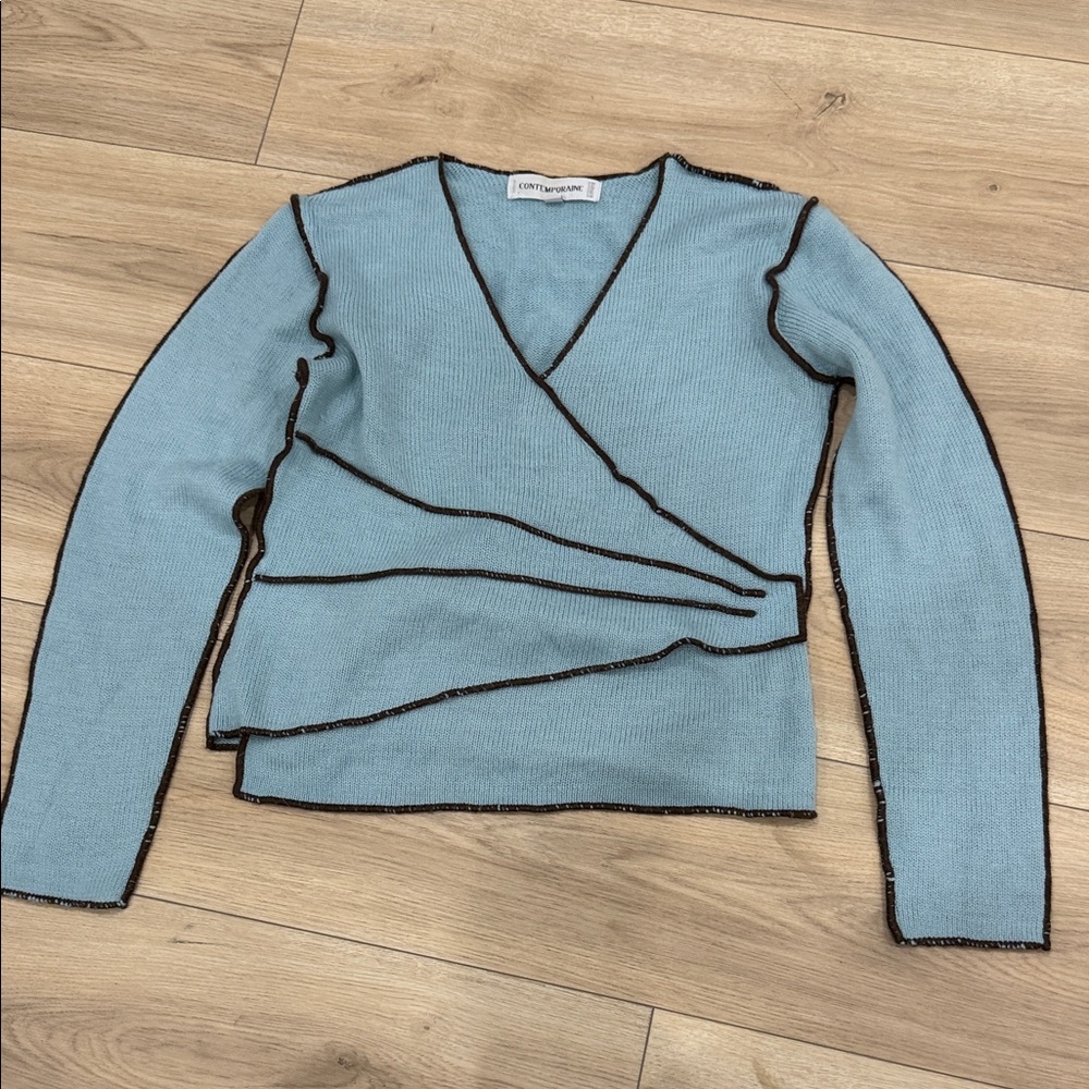 Simons Light Blue V-Neck Wrap Sweater with Dark Trim